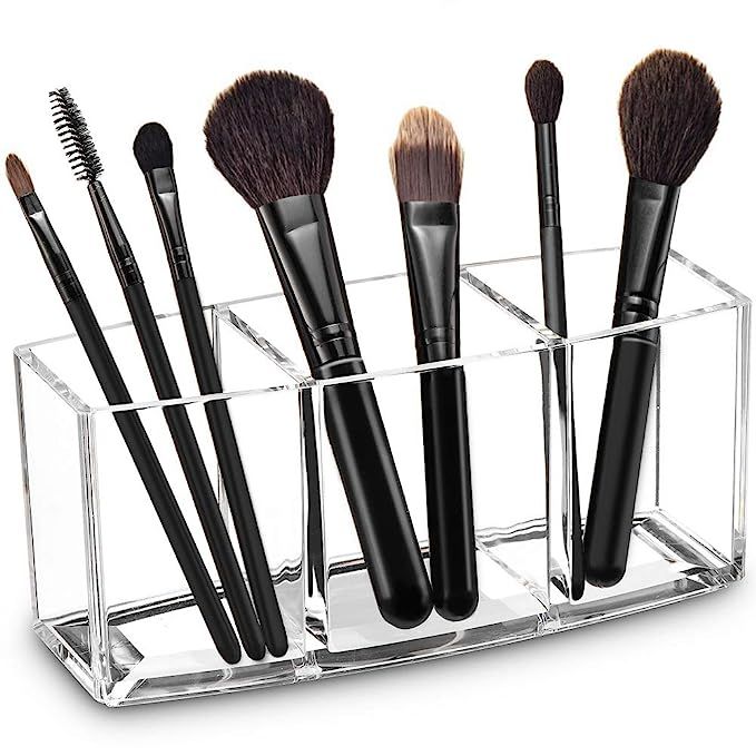 Acrylic Makeup Brush Organizer Holder Clear Cosmetic Brushes Storage with 3 Slots | Amazon (US)