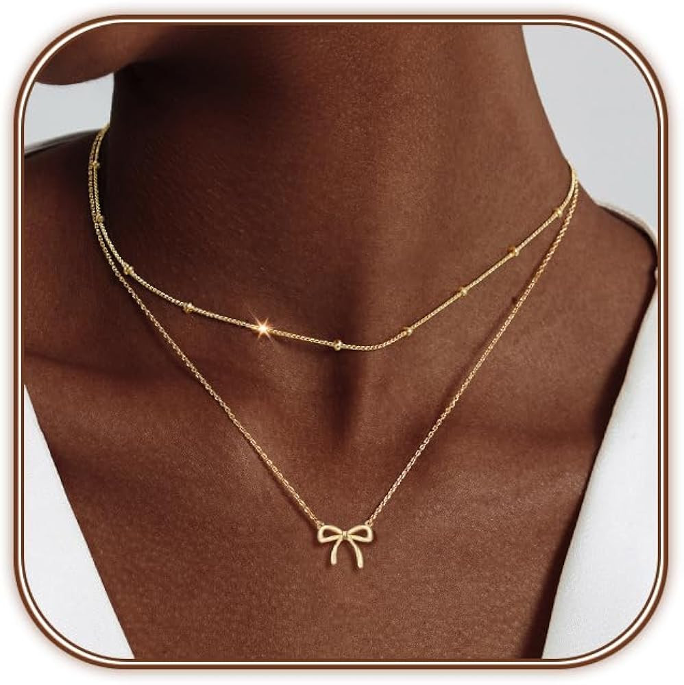 OGD Gold Necklace for Women, Bow Necklace 14K Layered Gold Necklace Dainty Bow Pendant Choker Nec... | Amazon (US)