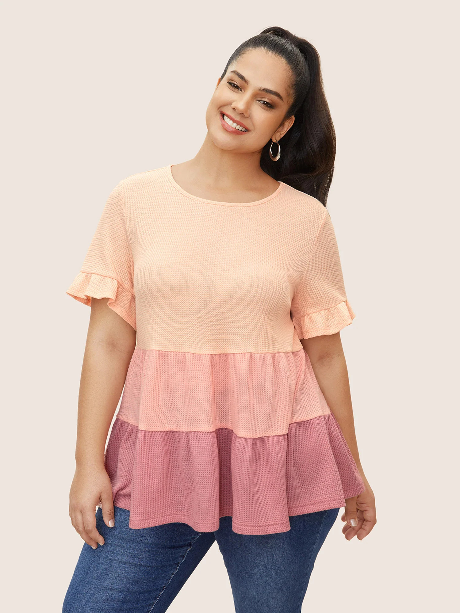 Waffle Knit Contrast Ruffle Layered Hem T-shirt | Bloomchic