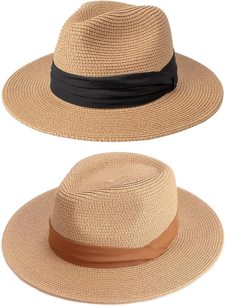 DRESHOW Women Straw Panama Hat Travel Fedora Beach Sun Hat Summer Wide Brim Straw Roll up Hat UPF... | Amazon (US)