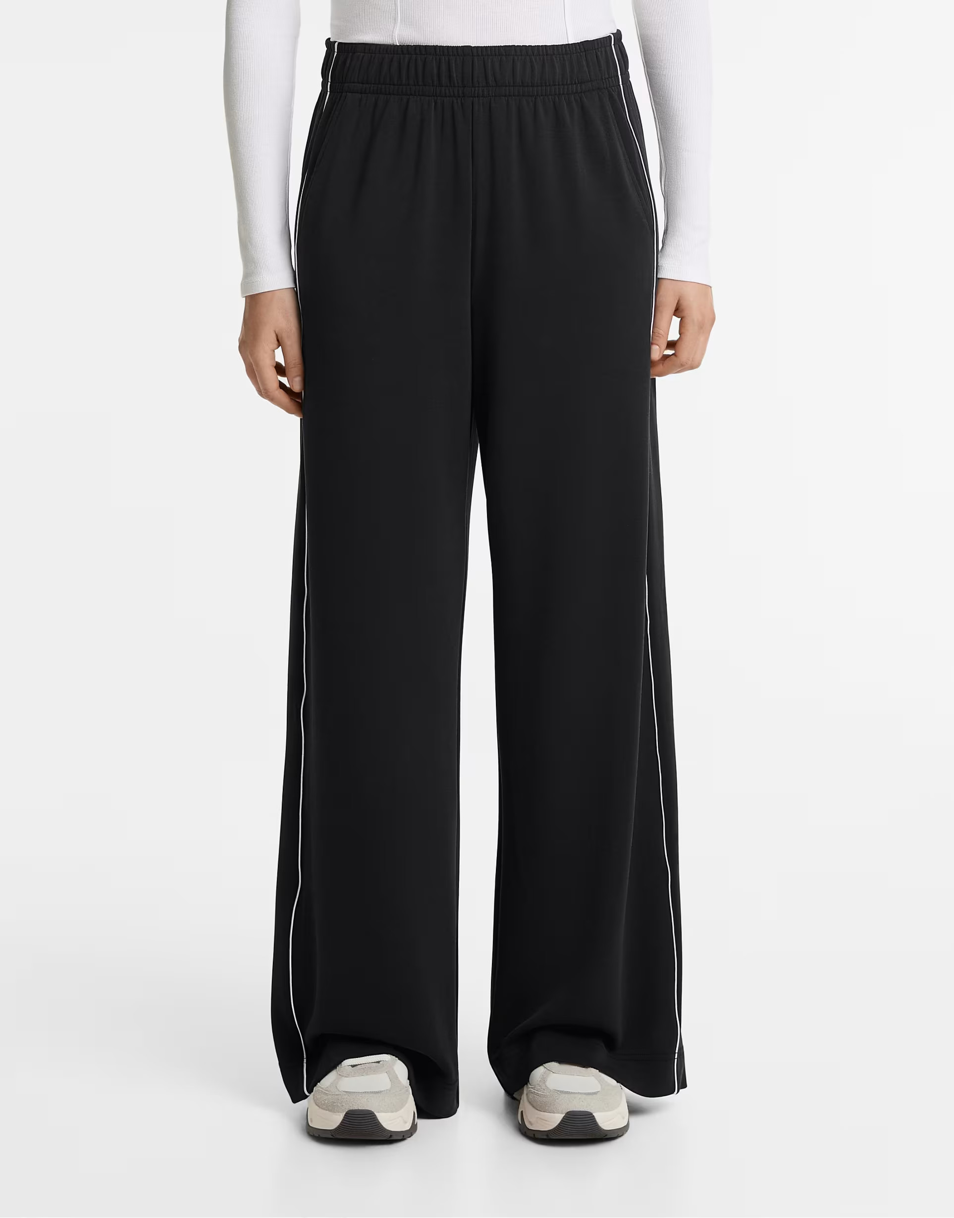 OYSHO Side appliqué wide straight-leg trousers with modal in black | ASOS (Global)