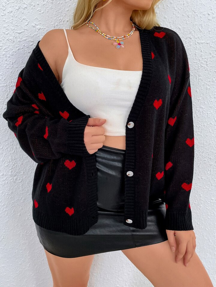 SHEIN Qutie Plus Heart Pattern Drop Shoulder Cardigan | SHEIN