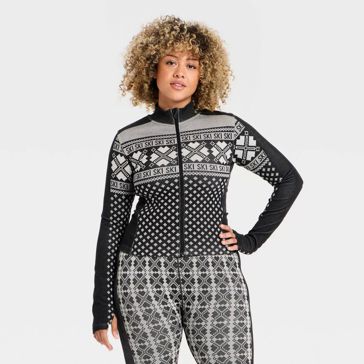 Women's Seamless Fair Isle Printed Full Zip Jacket - All In Motion™ Black/Cream S | Target