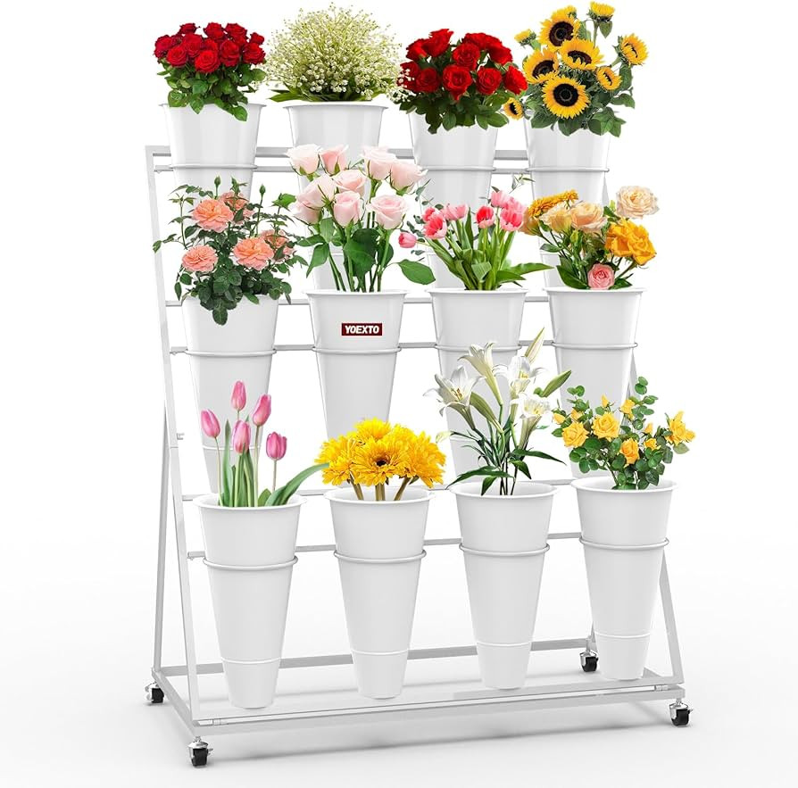 Flower Display Stand with 12 Buckets, 3-Layer Metal Plant Stand with Wheels, Movable for Terrace ... | Amazon (US)