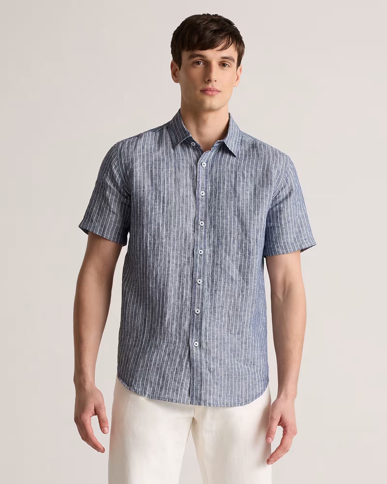 100% European Linen Relaxed Short Sleeve Shirt in Chambray Stripe | Quince