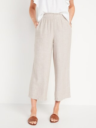High-Waisted Cropped Linen-Blend Wide-Leg Pants for Women | Old Navy (US)