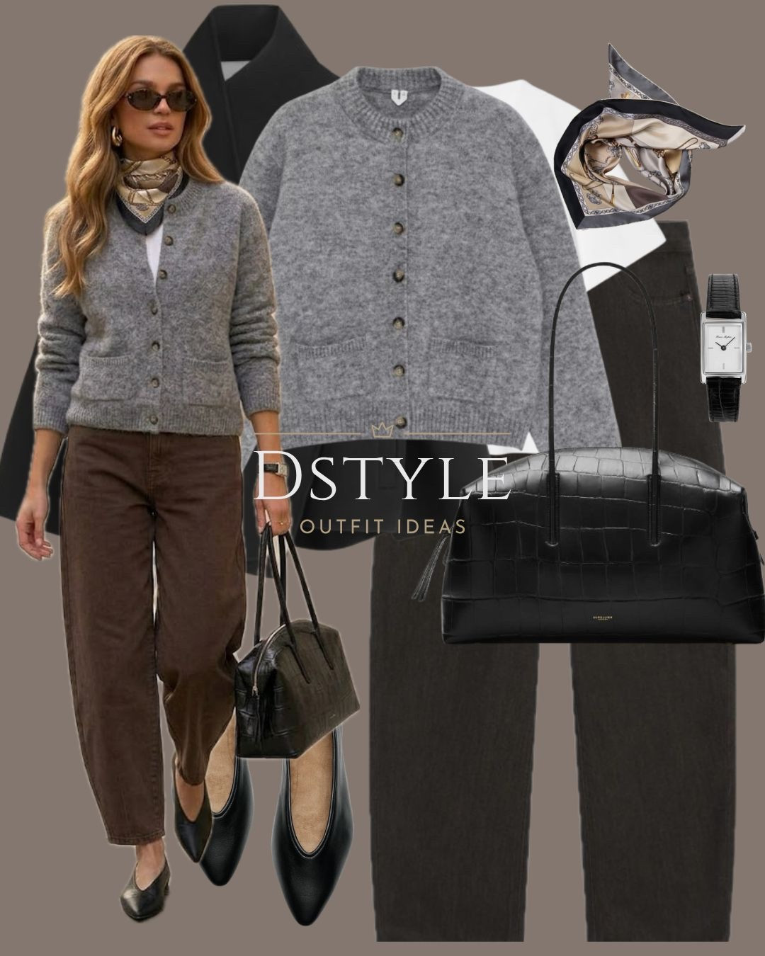 Rich autumn tones layered to perfection. Pair a textured grey crewneck cardigan with deep chocolate brown jeans, a patterned silk scarf, black ballet flats, and a structured black leather tote. 

 #LTKootd #LTKOver40 #LTKWorkwear