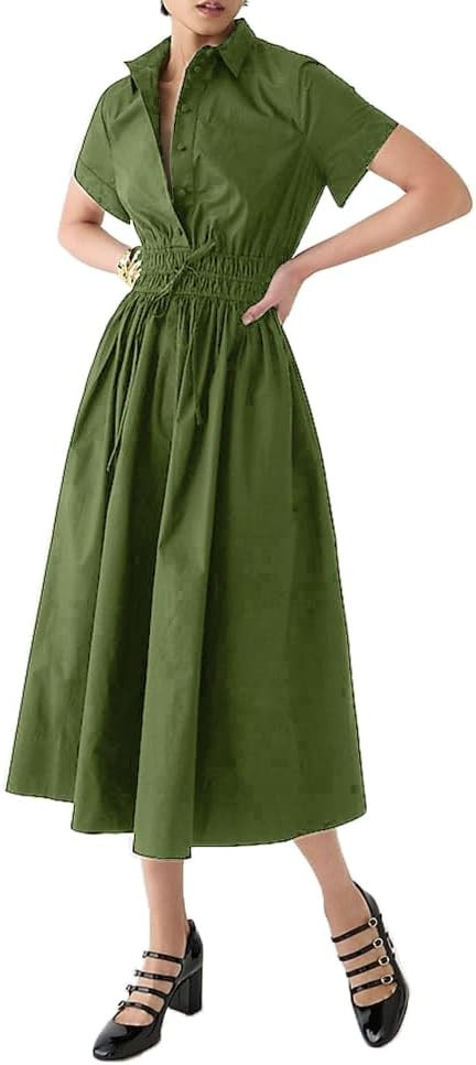 Ladyful Women Casual Button Down Short Sleeve Shirt Dress Tie Waist Midi Shirt Dress Elegant Busi... | Amazon (US)