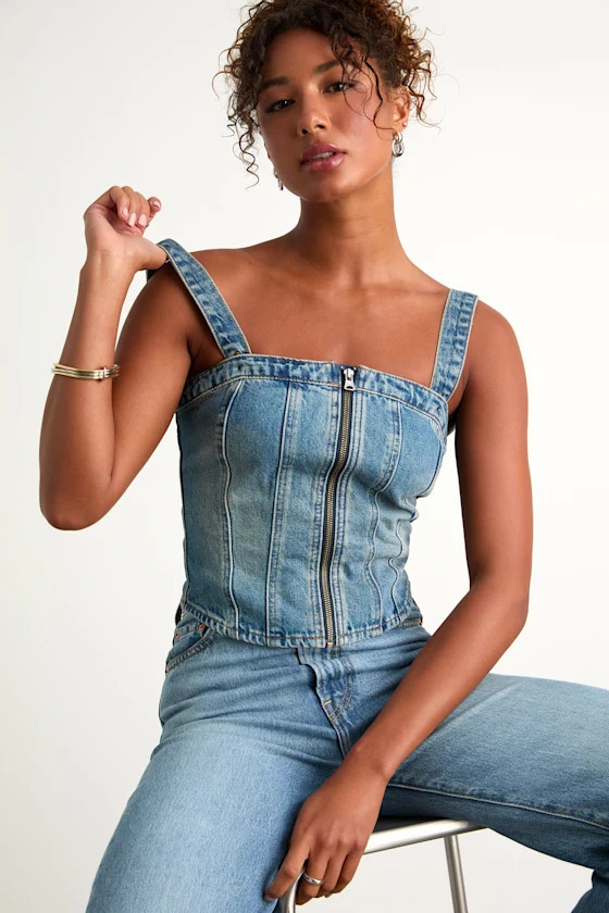 Sculpted Bustier Medium Wash Zip-Front Denim Bustier Top | Lulus