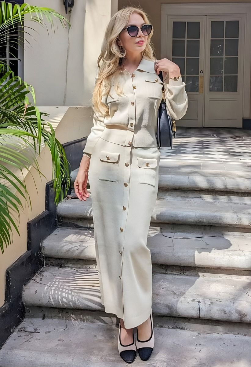 Standout Button Embellished Knit Top and Midi Skirt Set in Ivory | Chicwish