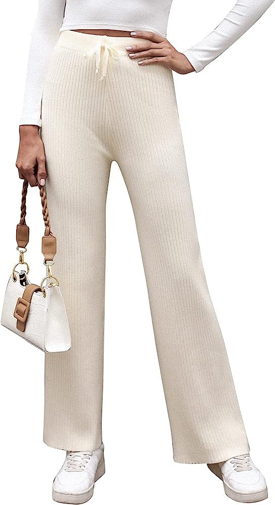 Cowasto Women's Casual Ribbed Knit Pants Elastic Waist Tie Front Wide Leg Sweater Pants | Amazon (US)
