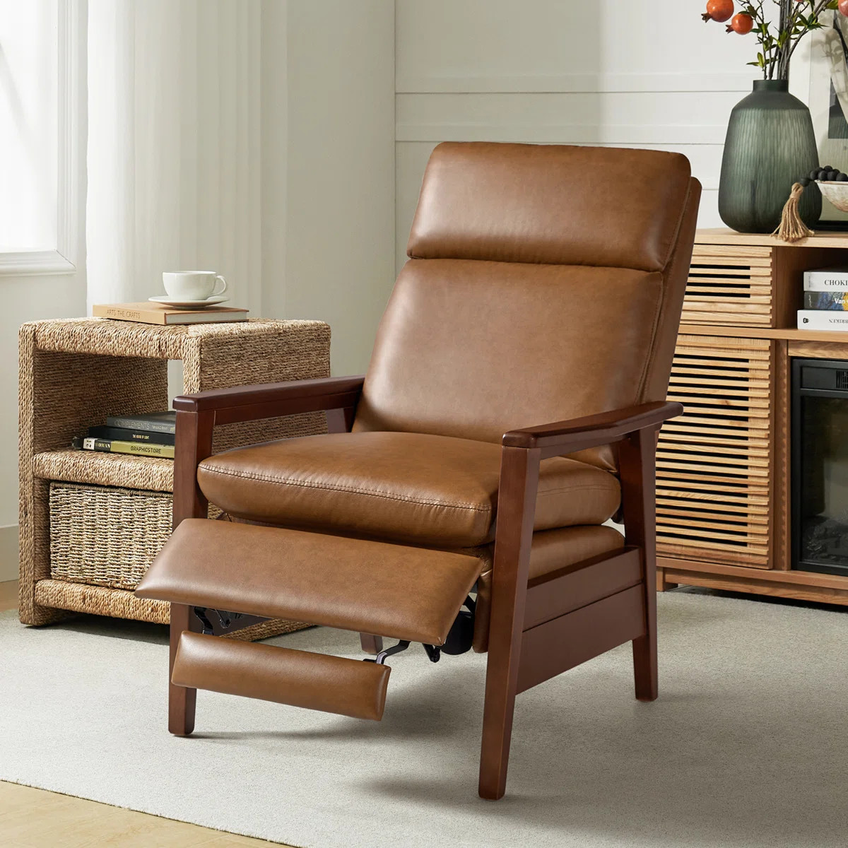 Honorato Mid-Century Modern Vegan Leather Recliner with Solid Wood Frame | Wayfair North America
