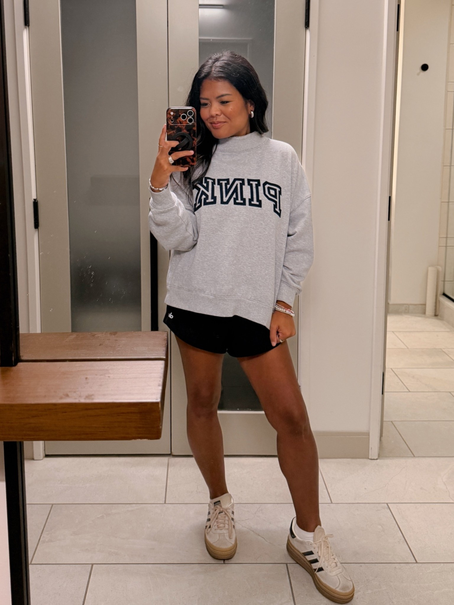 Love this Victoria’s Secret Pink mock neck sweatshirt. It’s so soft inside! I’m 5’2” wearing a size XS. This grey one did shrink a tiny bit after washing but still fits great! Alo dolphin shorts. Adidas gazelle bold sneakers. Amazon affordable phonecase. 

Petite style. asian - Filipino - over 40

#LTKootd #LTKOver40