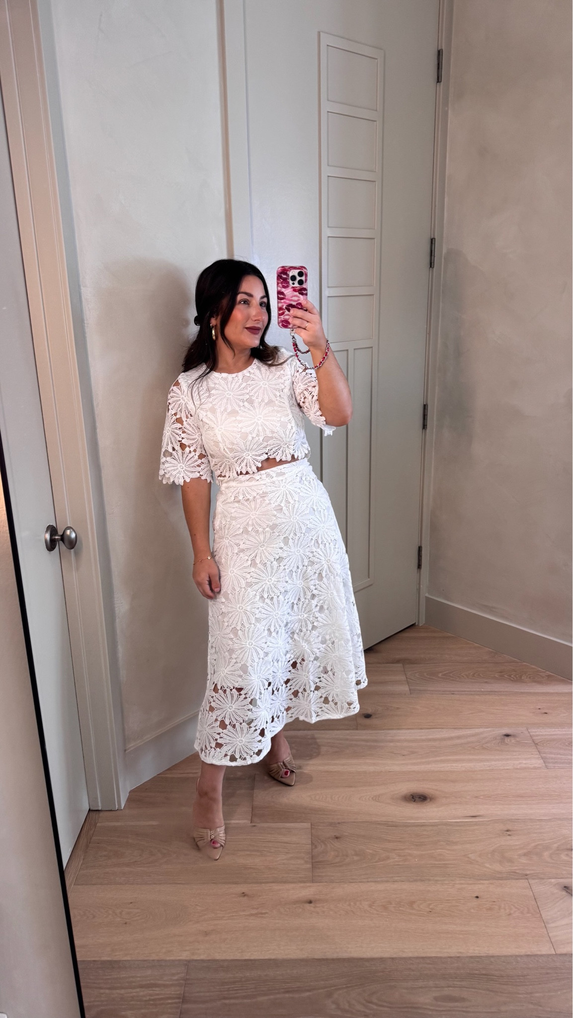 Gorgeous lace cropped top and skirt! Perfect for events this season! Showers, graduation, birthday dinner! 

I'm in a size small 
Runs TTS but slightly tight around the waist so size up if in between!

5'0" 140lbs 
Petite friendly

#LTKPetite #LTKTravel #LTKWedding