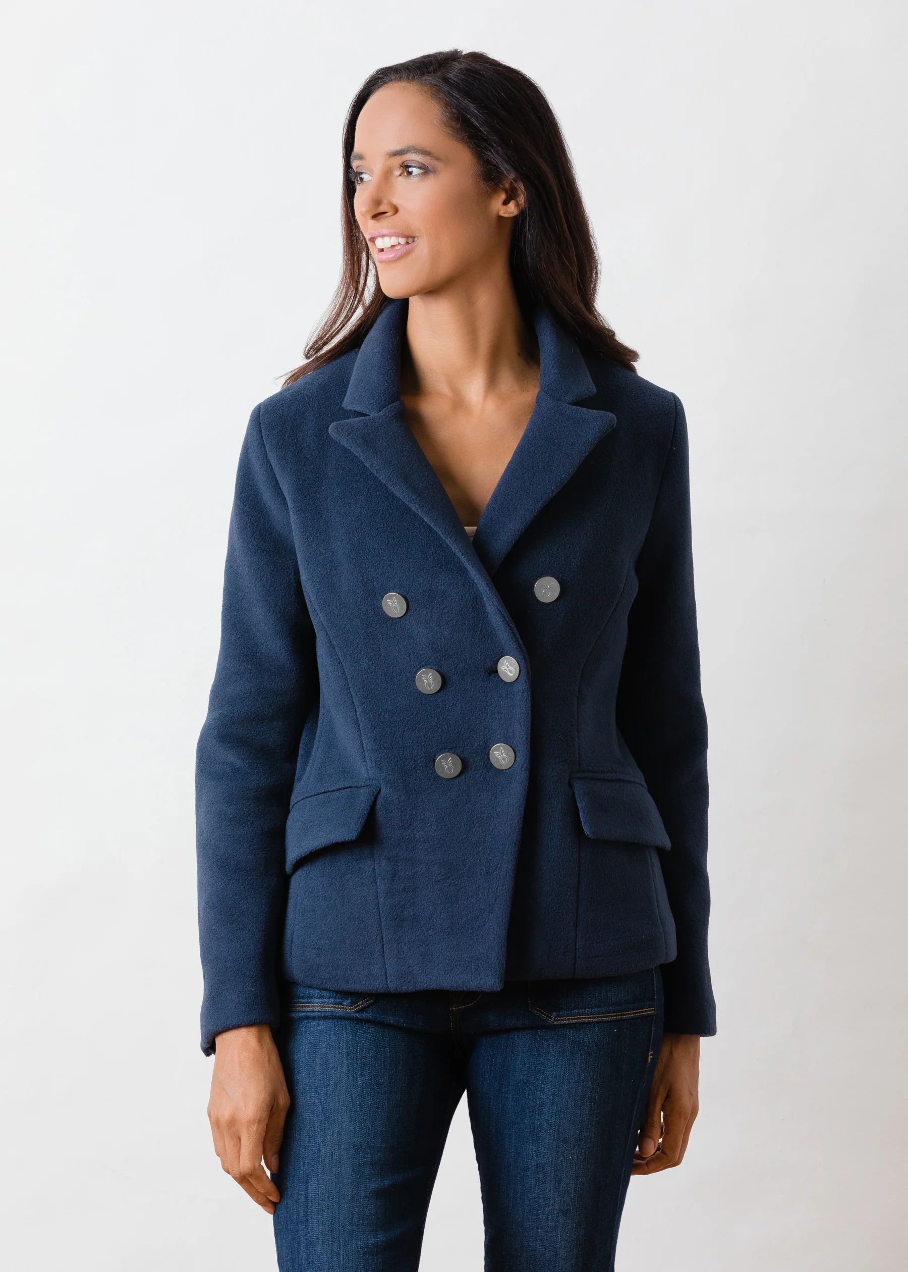 Mead Point Blazer with Double Layer Vello Fleece Silver Buttons (Navy) | Dudley Stephens