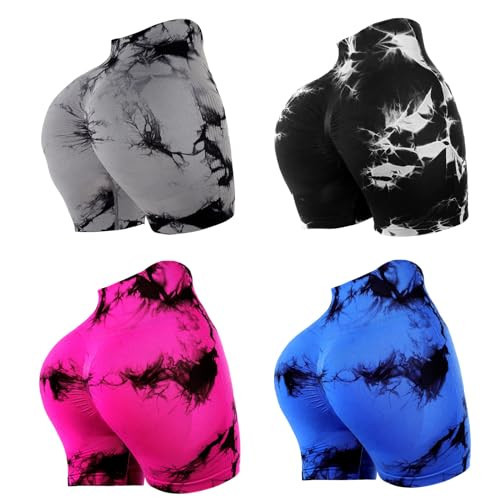 Mumucove 4 Piece Women Workout Shorts Tie Dye High Waist Butt Lift Shorts Tight Women Workout Gym Yoga Sports Shorts(Medium,Tie Dye Gray, Tie Dye Hot Pink, Tie Dye Blue, Tie Dye Black) | Amazon (US)