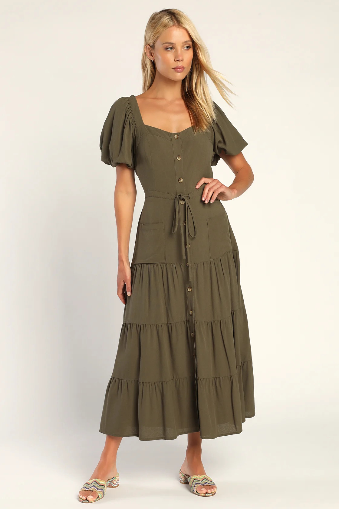 Got All That Olive Puff Sleeve Tiered Midi Dress With Pockets | Lulus (US)