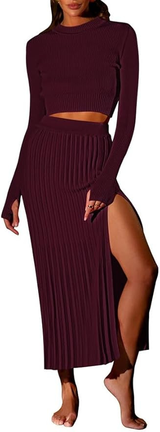 Pink Queen Women's 2 Piece Sweater Outfits Set Long Sleeve Crop Top Ribbed Split Bodycon Midi Lon... | Amazon (US)
