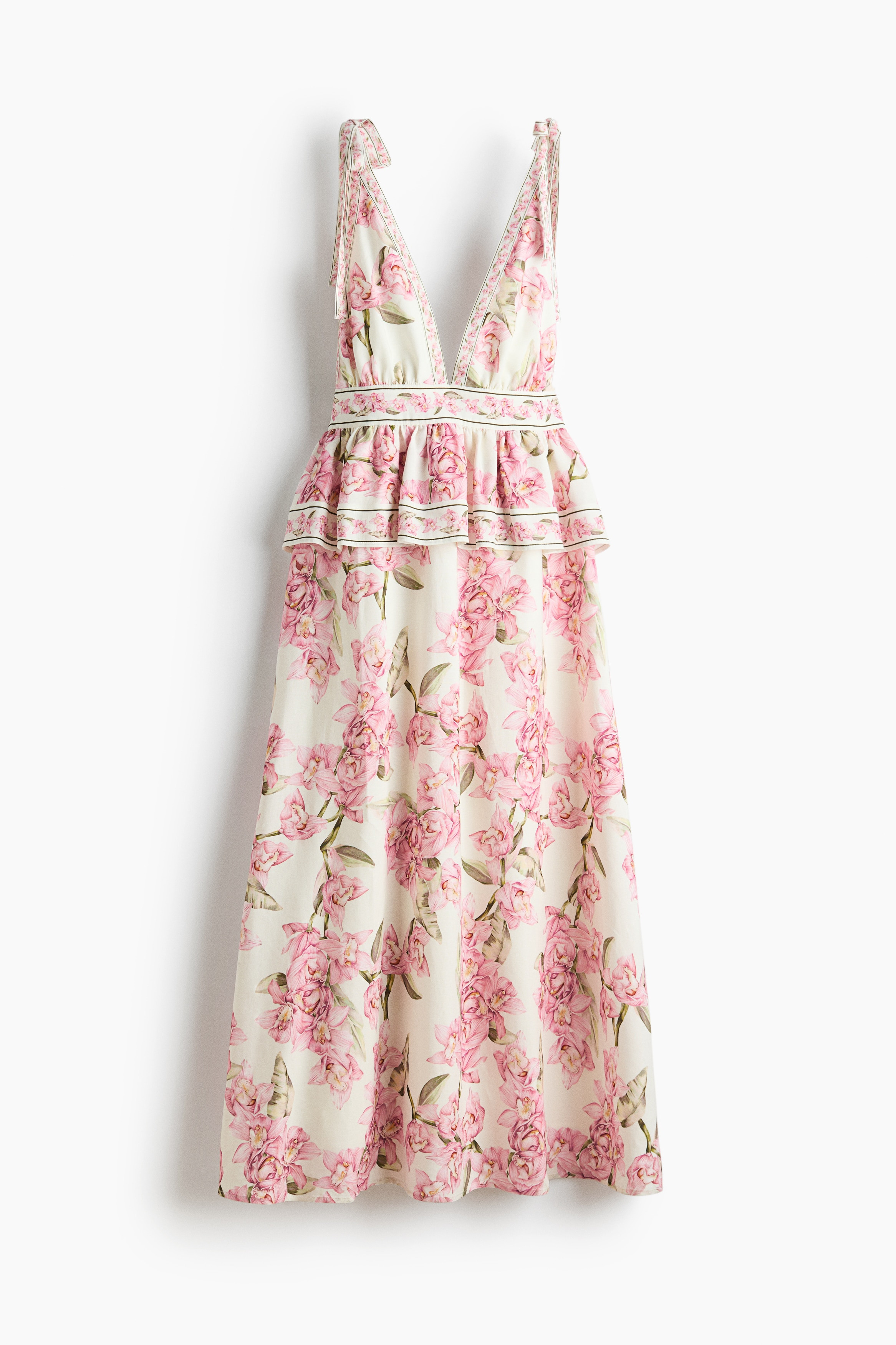 H & M - Linen-Blend Peplum Dress - Cream/Floral | H&M (US + CA)