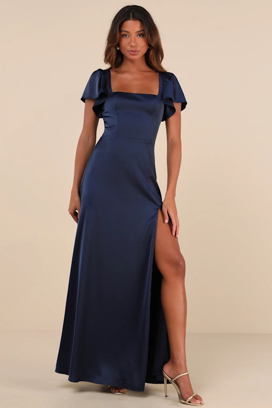 Ultimate Sweetness Navy Blue Satin Flutter Sleeve Maxi Dress | Lulus