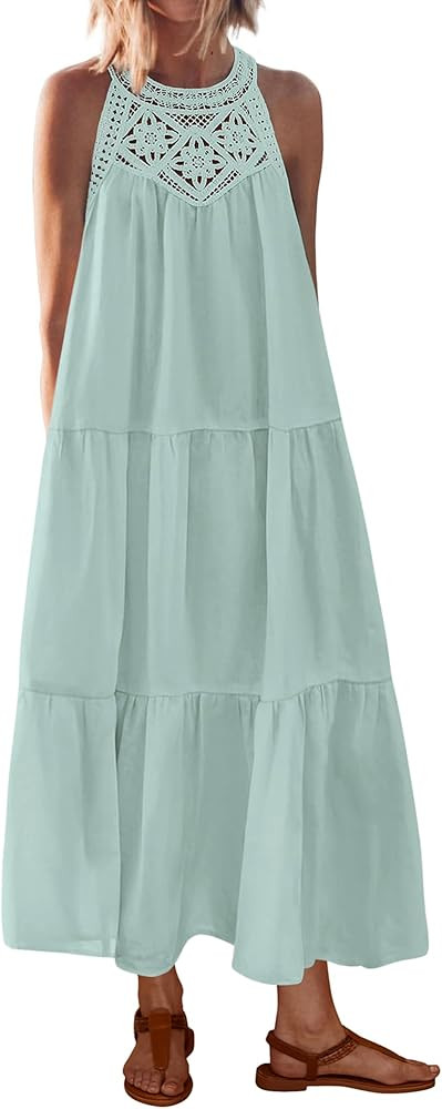 BTFBM Summer Halter Dresses for Women 2025 Casual Spring Hollow Out Sleeveless Boho Sundresses Be... | Amazon (US)
