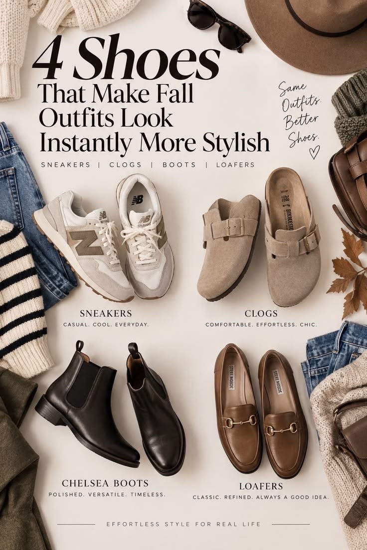 4 Must have shoes for fall 

Sneakers, clogs, loafers, Chelsea boots, fall trends,

#LTKootd #LTKSeasonal #LTKSaleAlert
