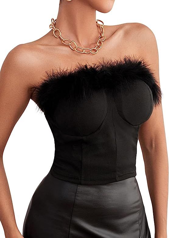 Verdusa Women's Faux Fur Trim Strapless Ribbed Bandeau Crop Tube Top | Amazon (US)