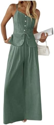 SOLY HUX Women's 2 Piece Summer Outfit Button Down Peplum Cami Top and Wide Leg Pants Set | Amazon (US)
