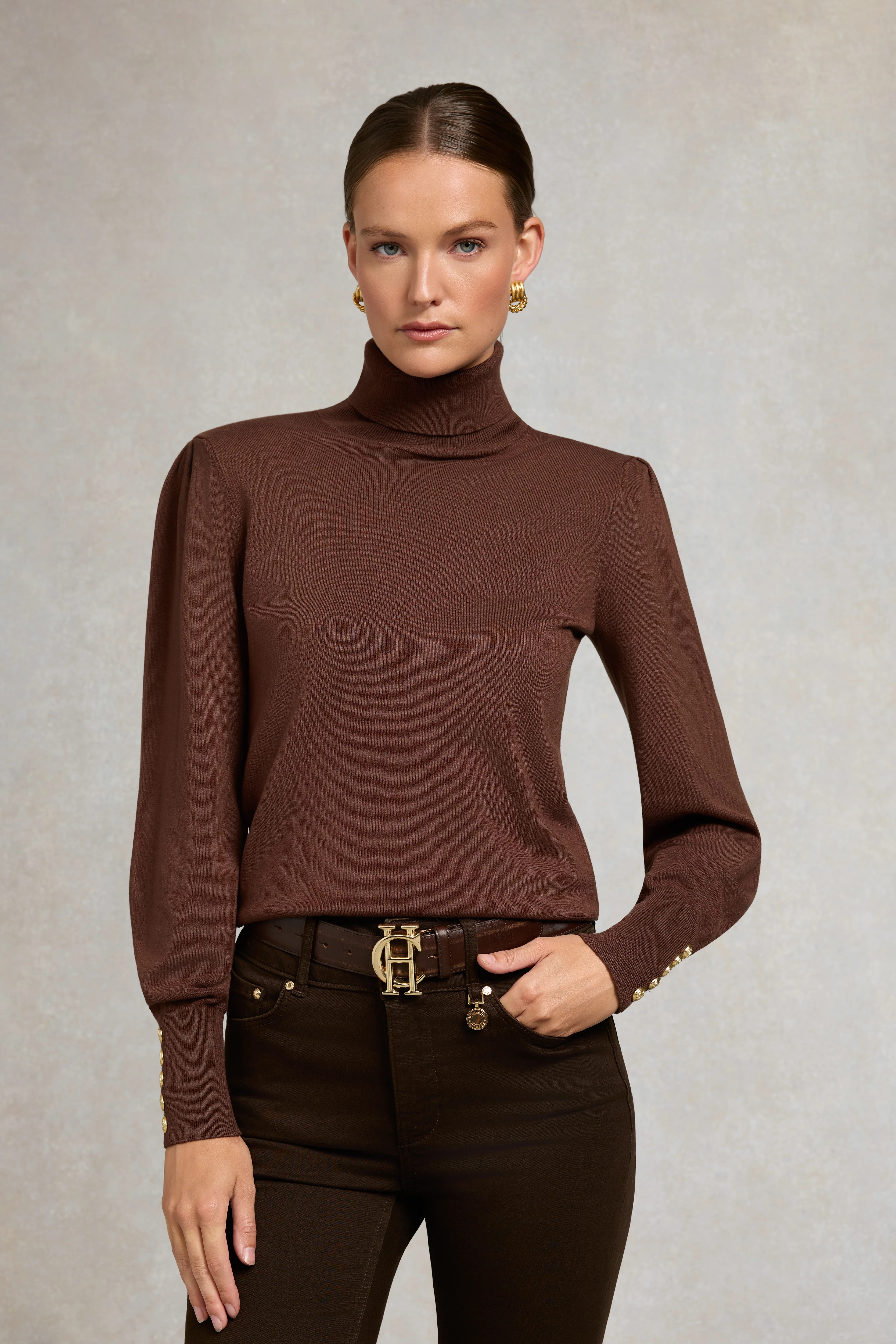 Structured Kelsie Roll Neck Knit (Cocoa) | Holland Cooper