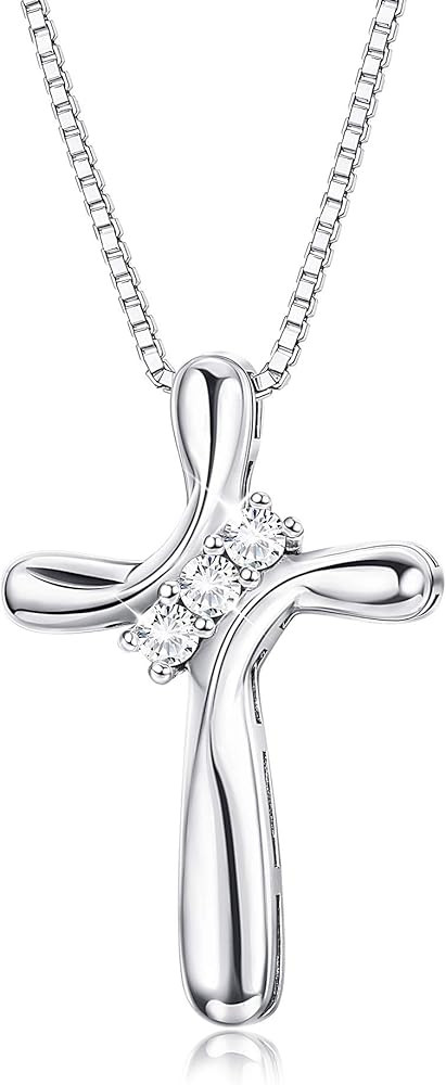 FUNRUN JEWELRY 925 Sterling Silver Cross Necklace for Women 3 Stone Cubic Zirconia Silver Cross P... | Amazon (US)