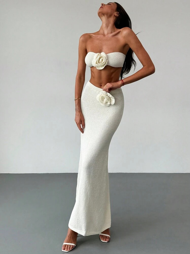 Aloruh 2pcs/Set Apricot Romantic Date Strapless Floral Bustier Crop Top + Maxi Floral Skirt, Beac... | SHEIN