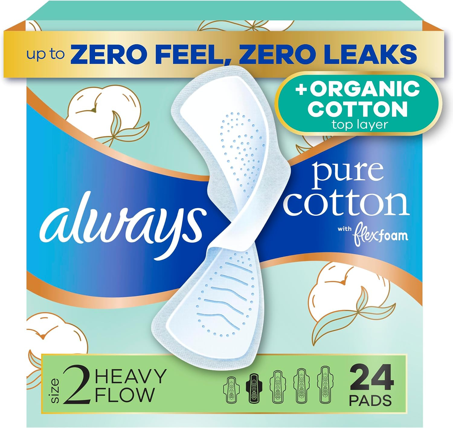 Always Pure Cotton Feminine Pads for Women, FlexFoam Pads with Wings, Size 2, Heavy Absorbency, Unscented, 72 Count (3 Packs of 24) | Amazon (US)
