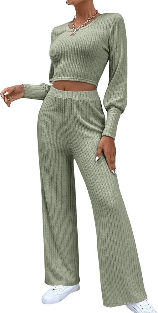 SweatyRocks Women's 2 Piece Outfits Ribbed Knit Long Sleeve Crop Tee with Pants Set | Amazon (US)