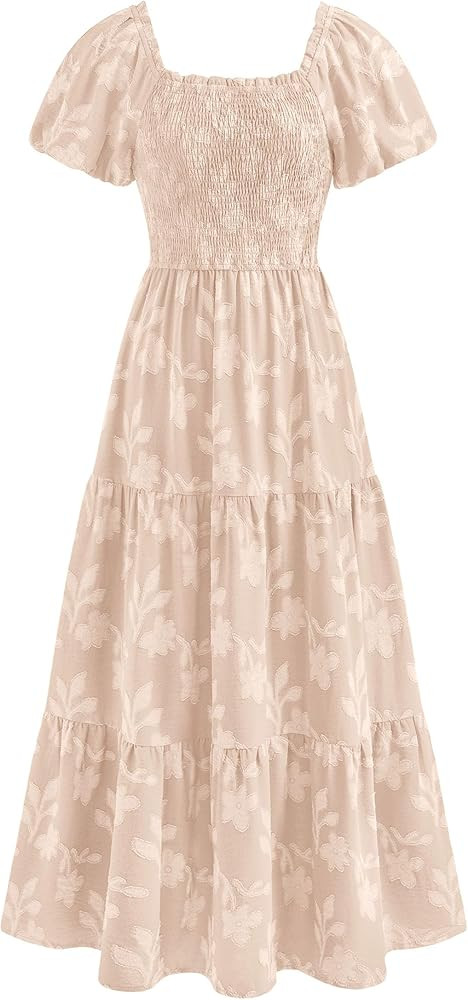 PRETTYGARDEN Women's 2026 Summer Boho Maxi Dresses Floral Short Sleeve Square Neck Smocked Flowy ... | Amazon (US)
