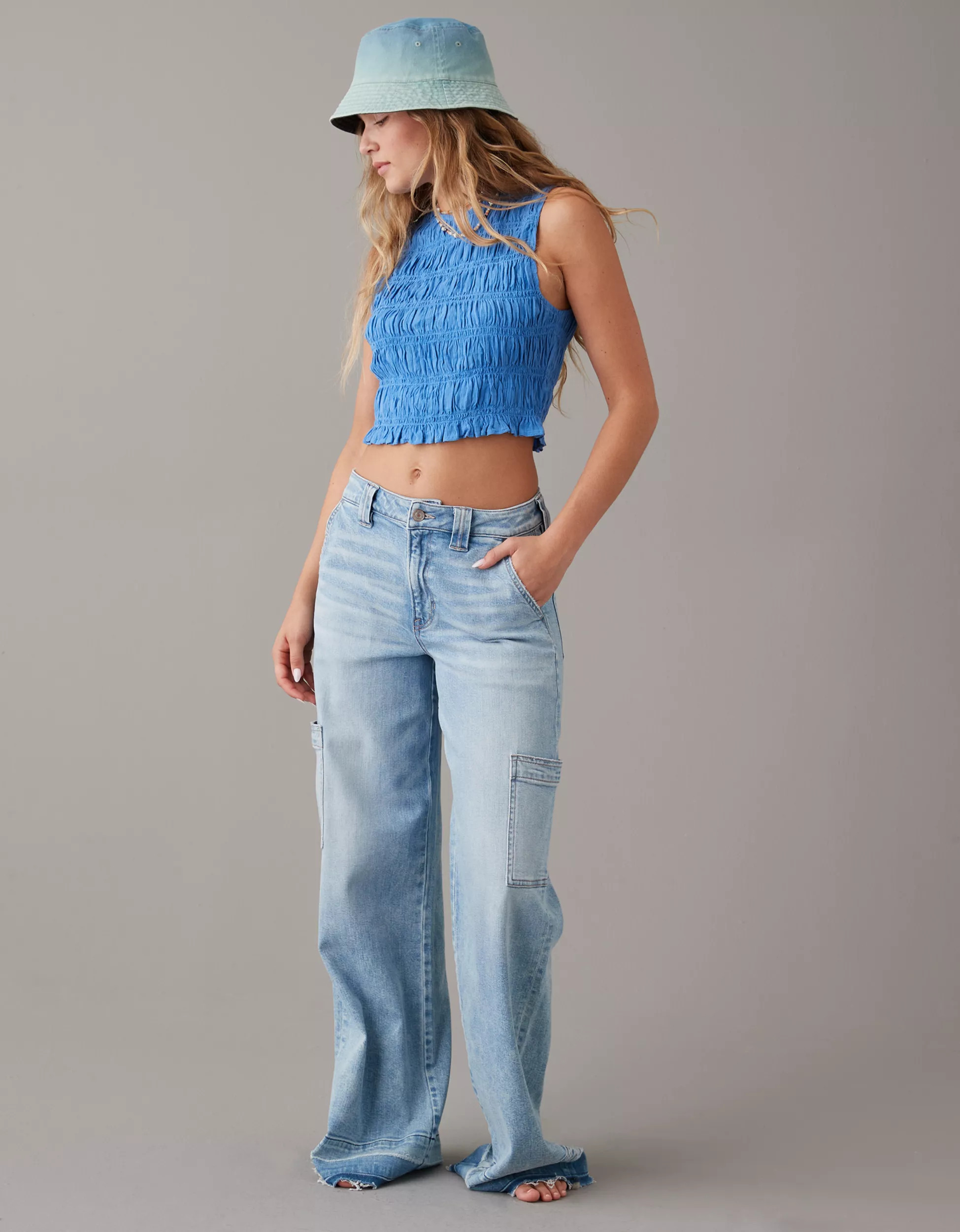 AE Cropped Smocked High-Neck Tank Top | American Eagle Outfitters (US & CA)