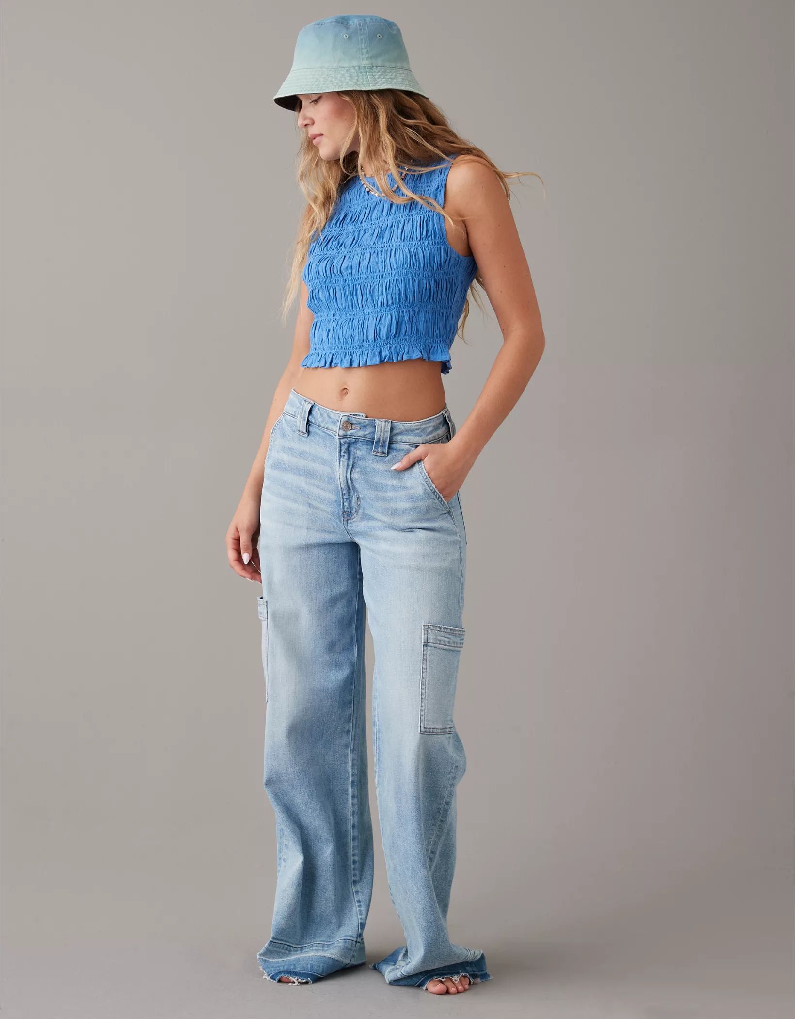 AE Cropped Smocked High-Neck Tank Top | American Eagle Outfitters (US & CA)