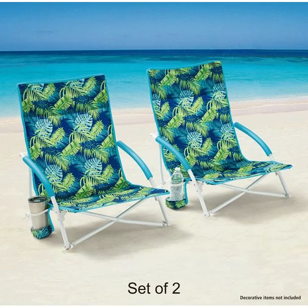 2-Pack Mainstays Folding Low Seat Soft Arm Beach Bag Chair with Carry Bag, Green Palm | Walmart (US)