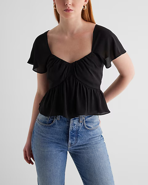 Sweetheart Neckline Peplum Flutter Sleeve Cropped Top | Express