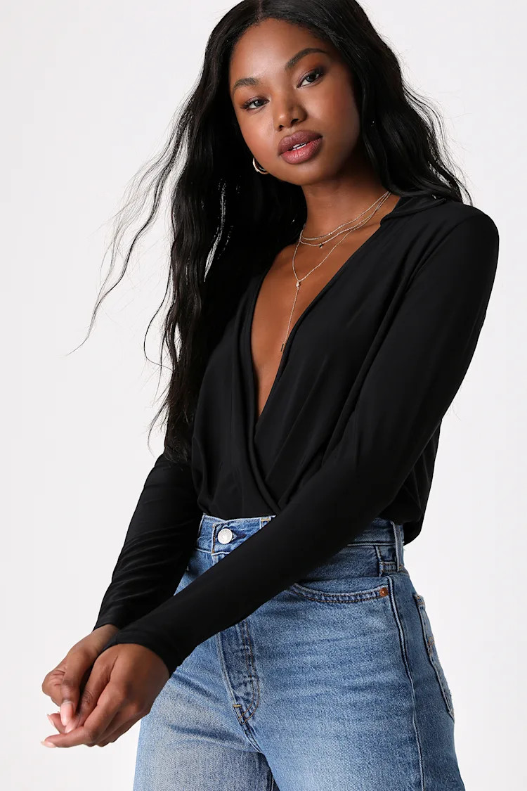 Effortlessly Modern Black Long Sleeve Surplice Bodysuit | Lulus (US)