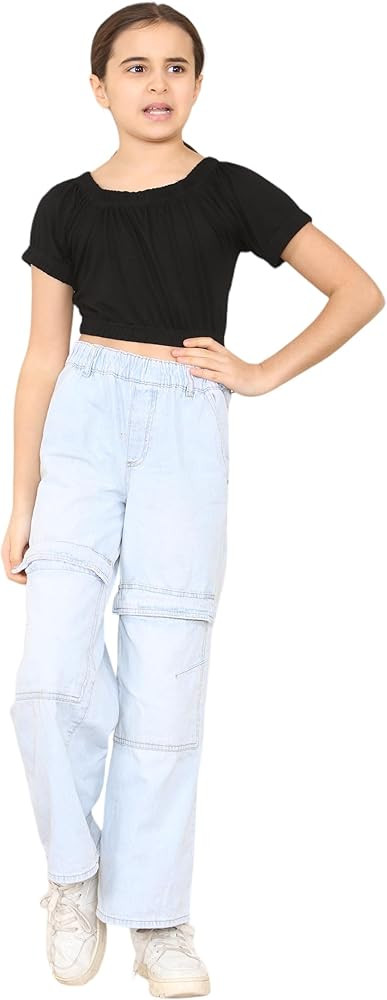 Loxdonz Girls Short Sleeve Crop Top Kids Off Shoulder Top T-Shirt Tee Tops | Amazon (US)