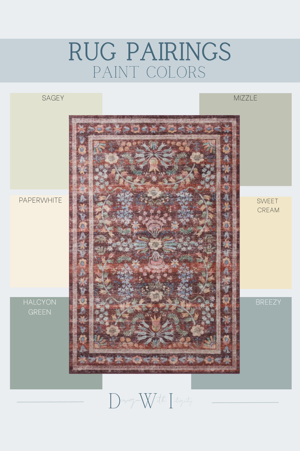 This vintage inspired area rug blends rich terracotta, faded brick, and delicate blue floral motifs with a softly distressed texture that adds depth and character to any space. Paired with calming paint colors like Sagey and Halcyon Green, the palette feels grounded and organic while enhancing the rug’s natural warmth. Paperwhite and Sweet Cream balance the richness with lightness, allowing the pattern to breathe and feel curated rather than heavy. Mizzle and Breezy echo the rug’s weathered undertones for seamless color harmony. This rug and paint color pairing is ideal for timeless interiors that value softness, balance, and layered design. Shop the curated look to recreate this collected feel.

#interiordesign
#arearuginspiration
#paintcolorpalette
#layeredinteriors
#vintagestylehome 

 #LTKHome