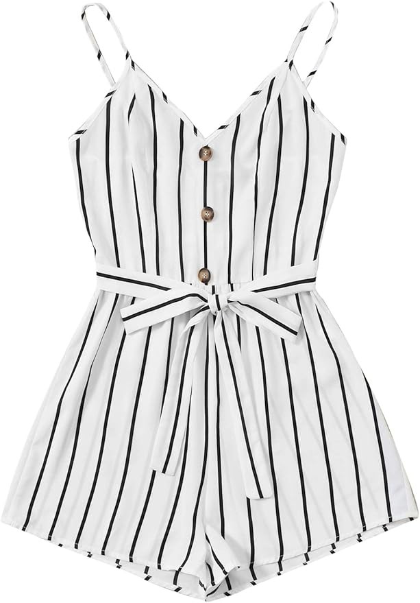 MakeMeChic Women's Casual Button Front Self Tie High Waist Cami Romper Jumpsuit | Amazon (US)