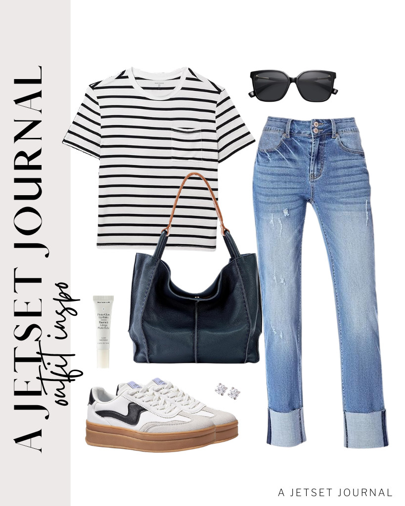 This combo of a striped Amazon Essentials crewneck tee and Sidefeel high-waisted jeans is our first outfit. It goes well with The Sak Los Feliz tote bag and LUCKY STEP Platform fashion sneakers. Don’t forget your SOJOS square sunglasses!

#LTKSeasonal #LTKSaleAlert #LTKTravel
 

 