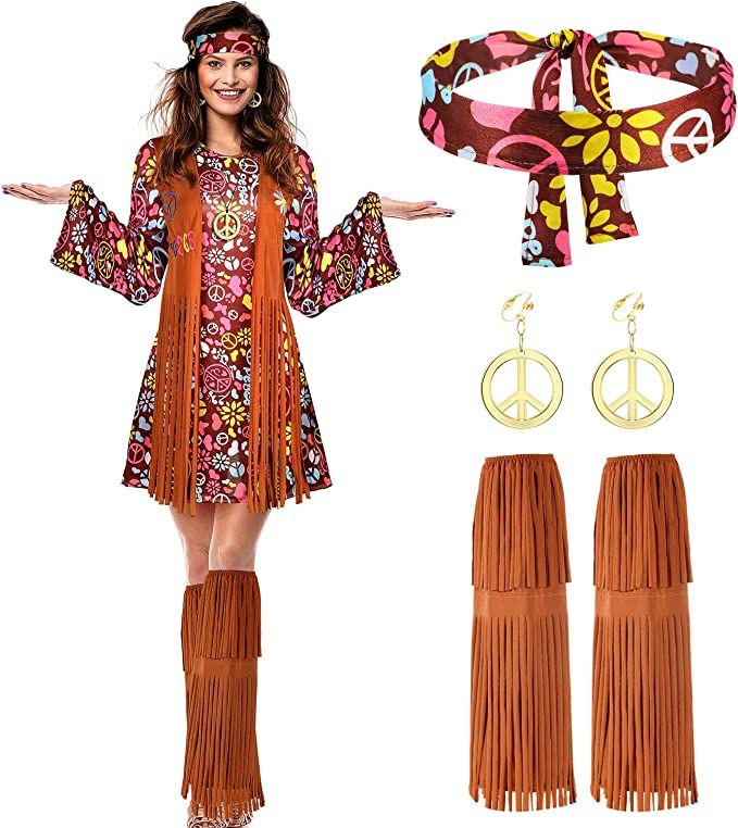 Women Hippie Costume Set Peace Sign Earring Necklace Headband Dress Ankle Socks | Amazon (US)