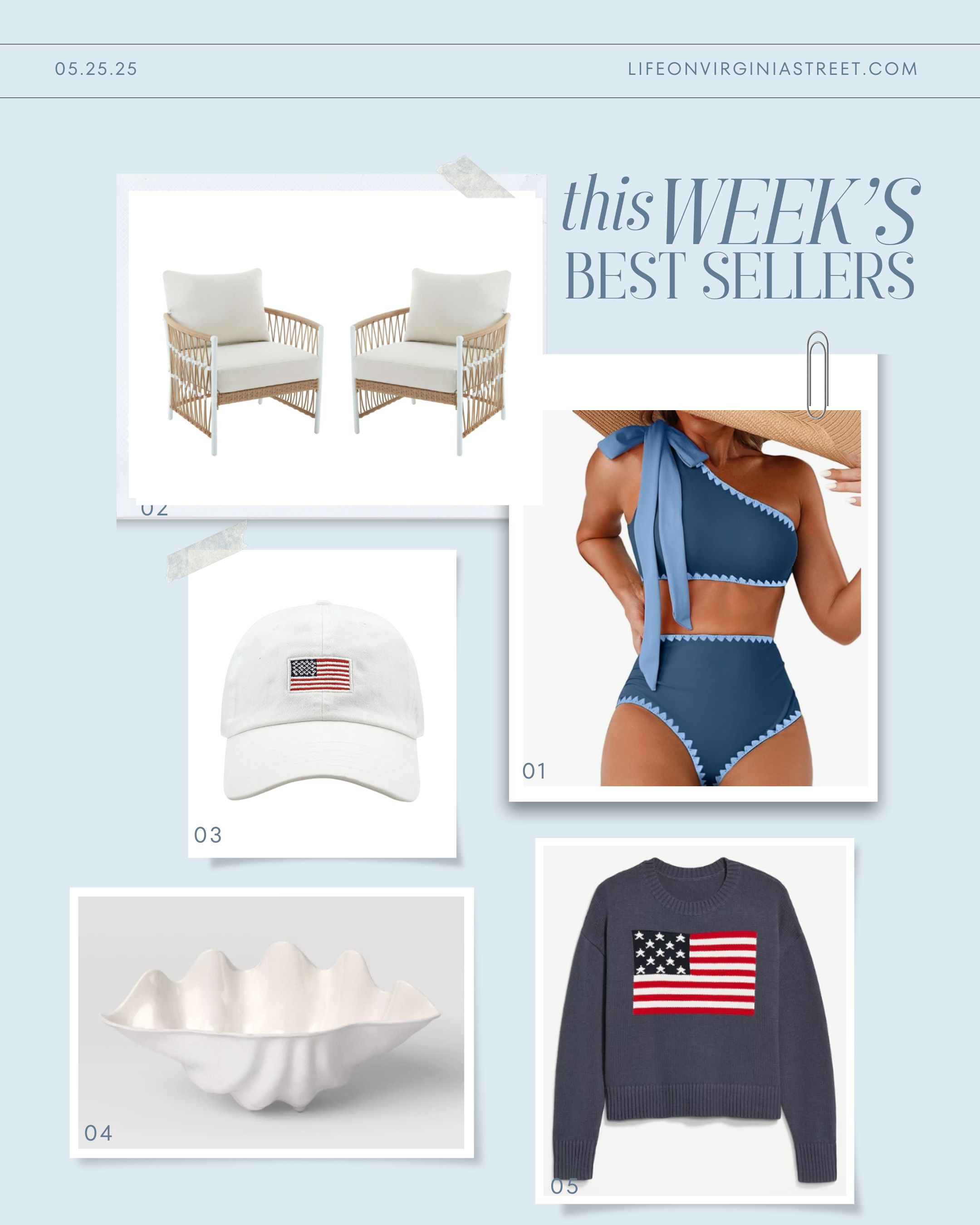 This week's bestsellers include a chic bikini that's available in multiple colors and prints, our new outdoor armchairs (currently $100 off!), an American flag hat, my shell drink holder (currently on major sale), and my American flag sweater (half off today)! The sweater runs a bit big but otherwise true to size. #ltksalelaert #ltkfindsunder50 #ltkfindsunder100 #ltksalealert #ltkstyletip #ltkswim #ltktravel #ltkseasonal #ltkover40 #ltkmidsize #ltkparties 

 #LTKSaleAlert #LTKFindsUnder50 #LTKSwim