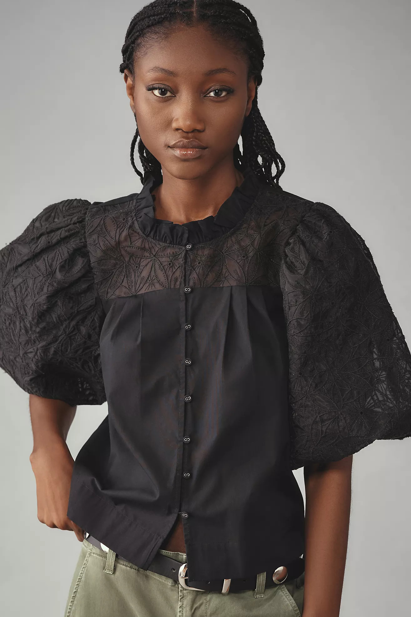 Maeve Puff-Sleeve Embellished Button-Front Blouse | Anthropologie (US)