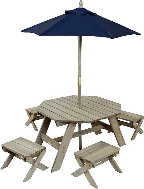 KidKraft Wooden Octagon Table, Stools & Umbrella Set, Kids’ Outdoor Furniture, Barnwood Gray & ... | Amazon (US)