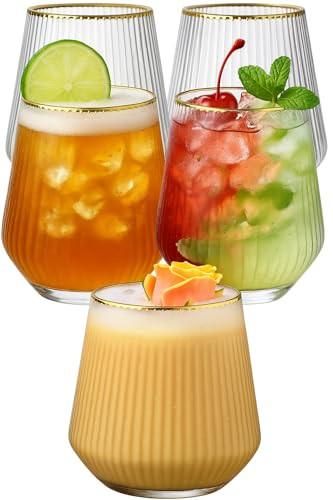 40 count Origami Ripple Unbreakable Stemless Plastic Wine Champagne Whiskey Glasses Elegant Durable Disposable Indoor Outdoor Ideal for Home, Office, Bars, Wedding, Ribbed 12 Ounce Cups (Gold Rim) | Amazon (US)