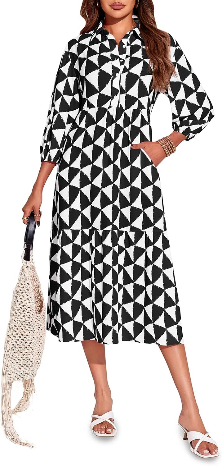 Wenrine Womens Boho Midi Dress Long Sleeve Casual Color Block Beach Button Down Shirt Dress | Amazon (US)