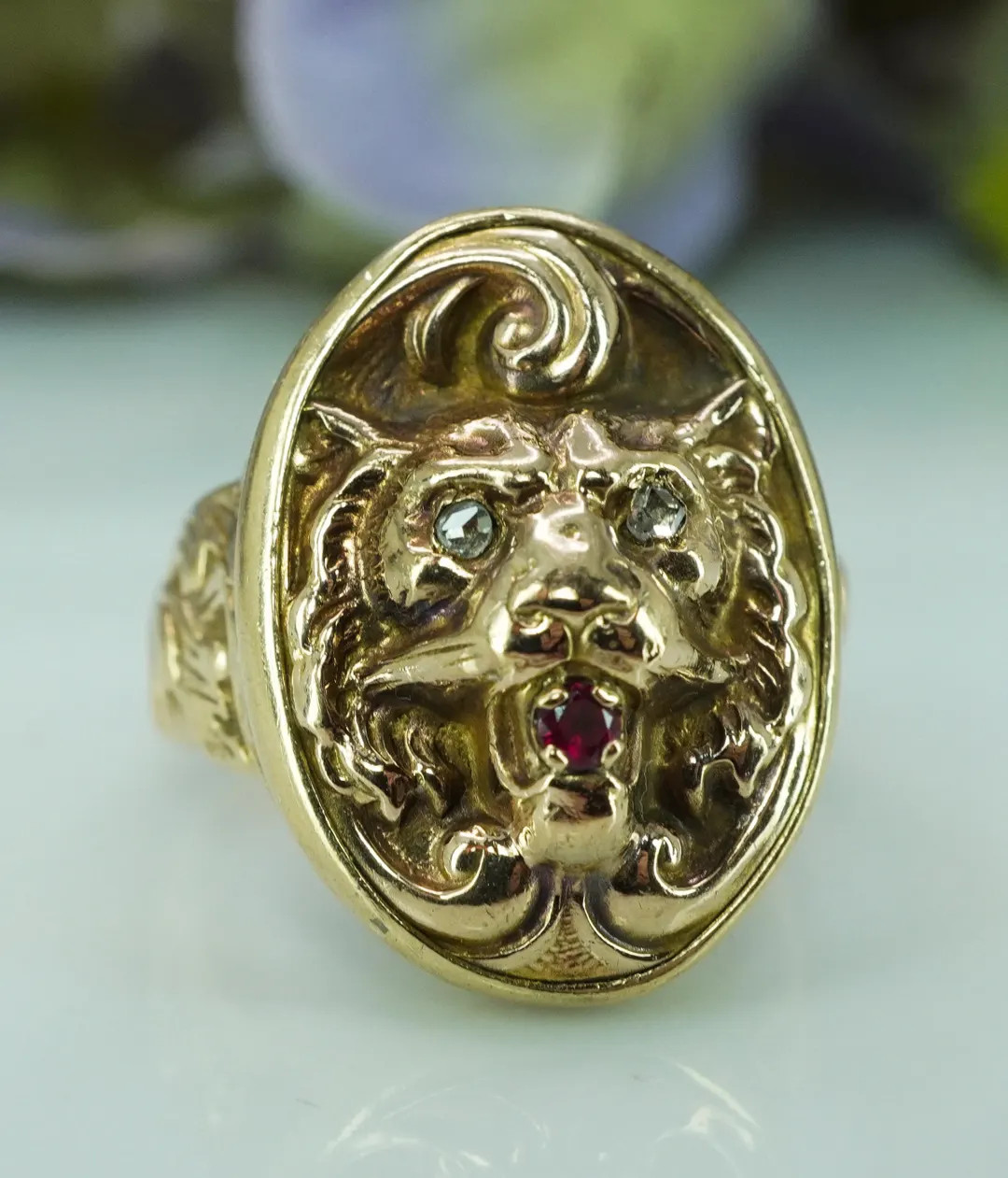 Art Nouveau Antique Diamond Ruby Lion Leo 14K Gold Ring Carved Estate Jewelry | Etsy (US)